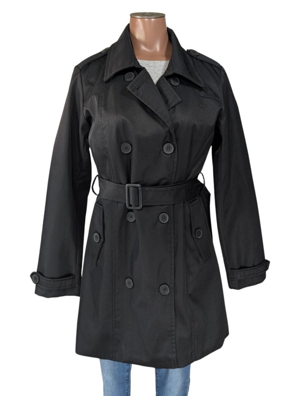 Wantdo Ladies Small Black Lined Double Breasted Knee Length Trench Coat